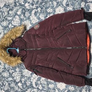 Madden NYC Burgundy Puffer Jacket with Faux Fur Hood